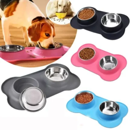 Double Dog Bowls /Food & Water Stainless Steel Non Slip Puppy Cat Feeding
