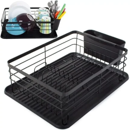 BLACK KITCHEN DISH DRAINER RACK REMOVABLE DRIP TRAY CUTLERY HOLDER TIDY