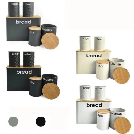 Kitchen Canister Set 5Pcs Kitchen Storage Tins Bamboo Lid Tea Coffee Sugar Bread Bin Jar